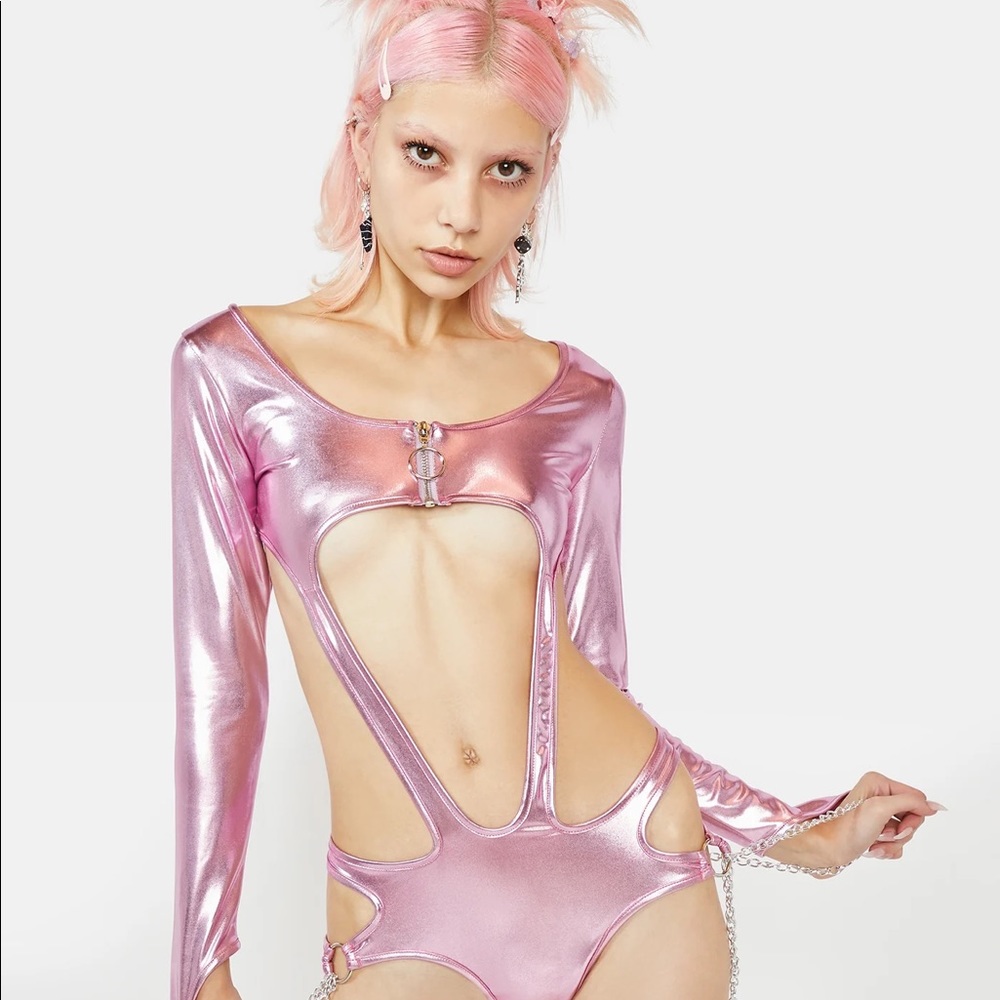 Pink long sleeve cutout bodysuit,  DollsKill